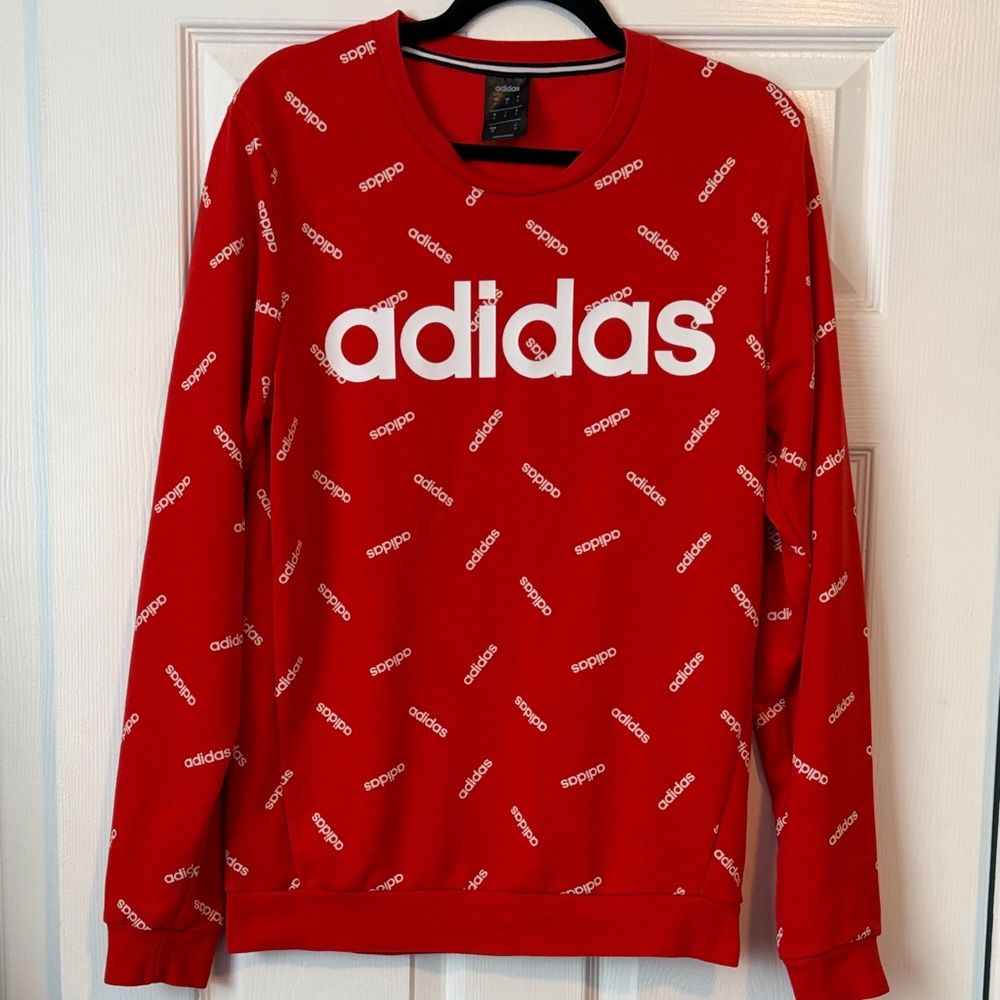 Adidas Men’s Red Crewneck Sweatshirt Cotton blend White All-Over Logo size small